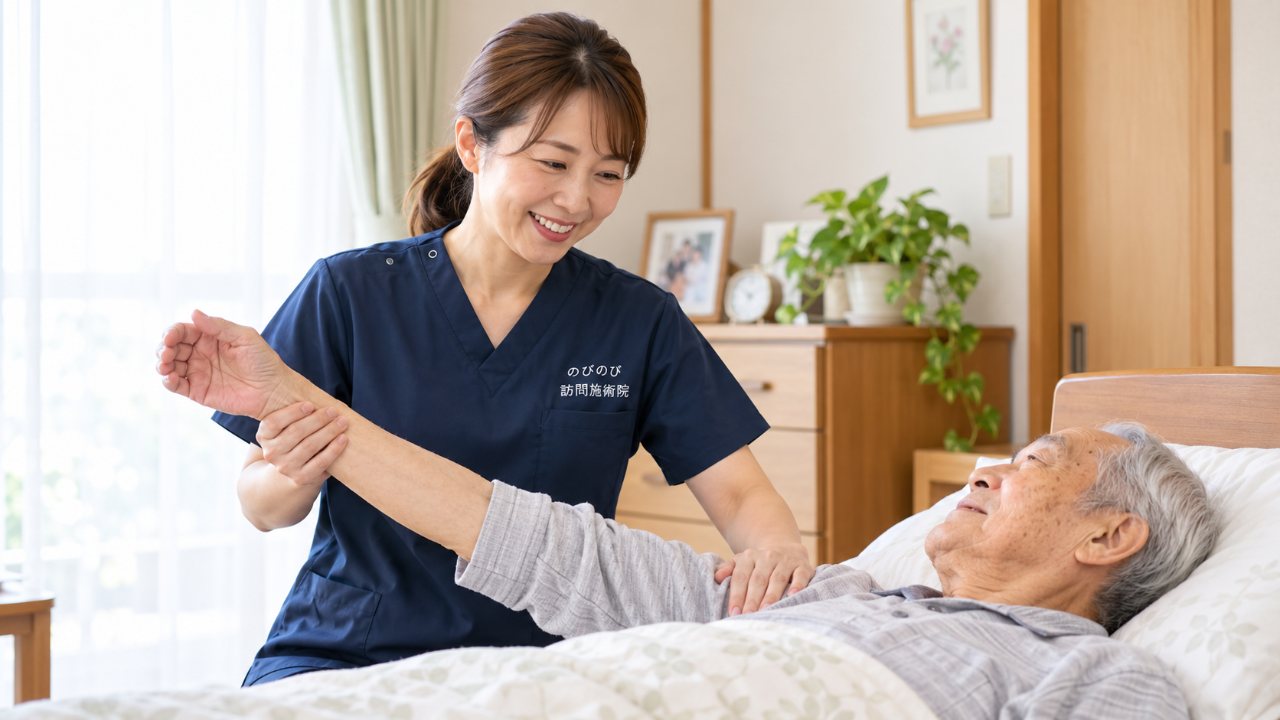 背中が丸い方のベッドでの姿勢を、クッションで支えているところ