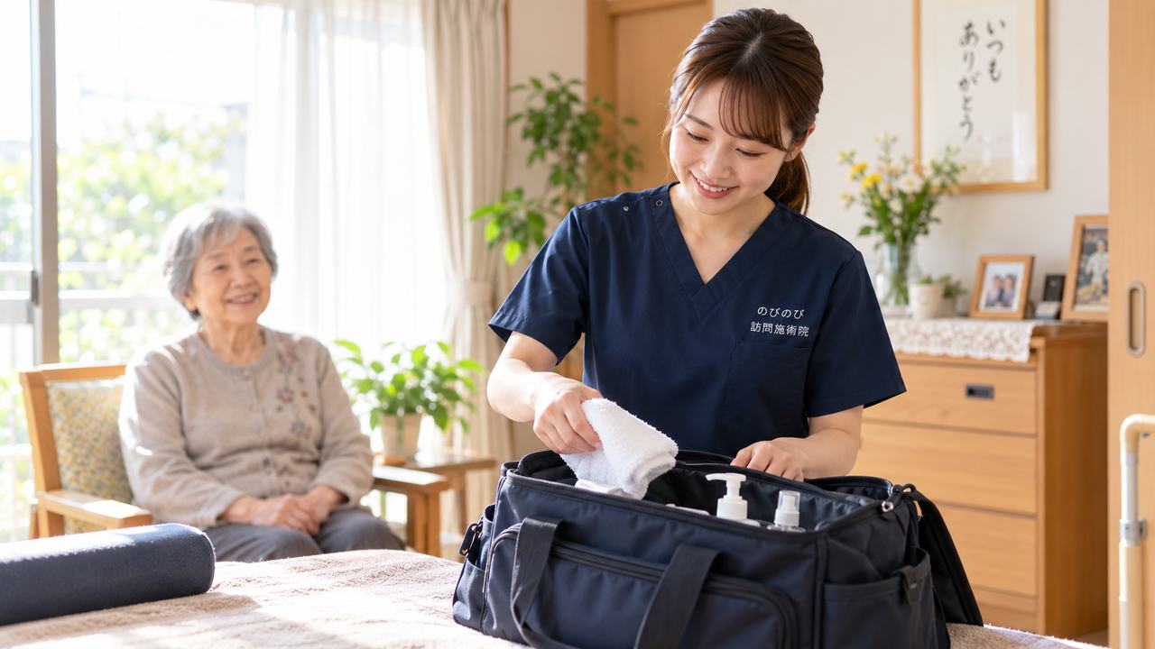 訪問前に施術の道具をカバンに用意しているところ