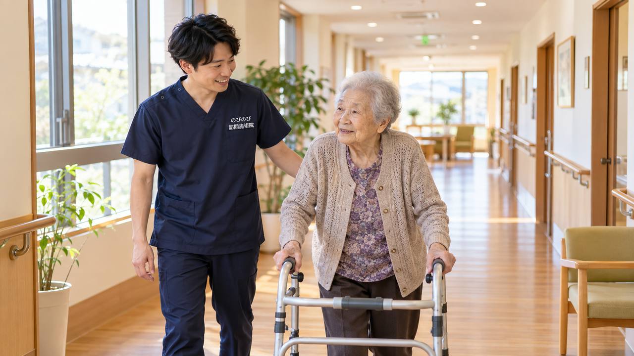 室内で手すりにつかまって立つ方のそばで様子を見る場面