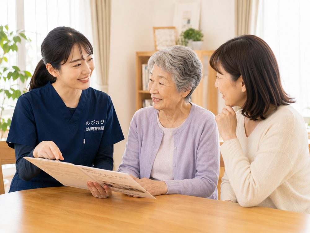 ご家族とともに案内を受ける高齢の女性